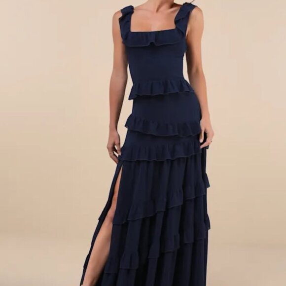 Lulus Compelling Romantic Ruffled Tiered Maxi Dress, Size L in Dark Blue - Picture 3 of 7